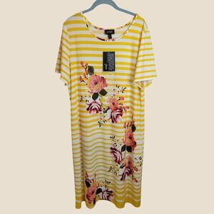 JSP T-Shirt Dress Short Sleeve Floral Striped Rhinestone Casual Summer Yellow XL